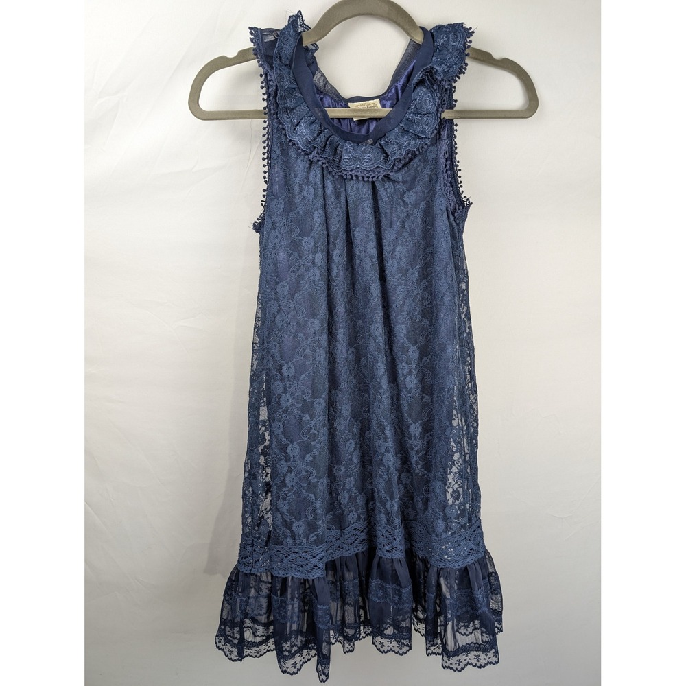 Fairy Grunge Floral Lace Ruffle Shift Dress Navy Blue Whimsigoth Witchy Goblin